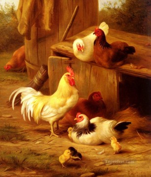 Fowl Painting - Chickens And Chicks farm animals Edgar Hunt
